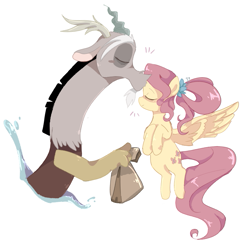 Size: 747x730 | Tagged: safe, artist:sansdy, discord, fluttershy, draconequus, pegasus, pony, the last problem, cute, discoshy, discute, eyes closed, female, forehead kiss, kissing, lunch bag, male, mare, older, older fluttershy, shipping, simple background, straight, white background