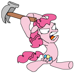 Size: 812x805 | Tagged: safe, artist:logan jones, pinkie pie, earth pony, pony, angry, hammer, leaping, open mouth, screaming, shrunken pupils, simple background, spongebob squarepants, transparent background