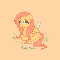 Size: 1280x1280 | Tagged: safe, artist:kimoose, angel bunny, fluttershy, pegasus, pony, chest fluff, cute, female, floppy ears, flower, mare, no pupils, pink background, ponyloaf, prone, shyabetes, simple background, solo