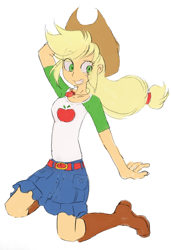 Size: 874x1280 | Tagged: safe, artist:haibaratomoe, applejack, better together, equestria girls, belt, boots, clothes, cowboy boots, cowboy hat, denim skirt, female, freckles, hat, simple background, skirt, solo, stetson, white background