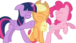 Size: 1200x675 | Tagged: safe, applejack, pinkie pie, twilight sparkle, twilight sparkle (alicorn), alicorn, earth pony, pony, eyes closed, female, floppy ears, mare, open mouth, raised hoof, simple background, smiling, trio, white background, xd