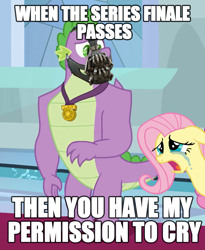 Size: 884x1080 | Tagged: safe, edit, edited screencap, screencap, fluttershy, spike, dragon, pegasus, pony, the last problem, adult, adult spike, bane, baneposting, canterlot castle, caption, cropped, crying, dc comics, gigachad spike, male, mask, meme, older, older spike, the dark knight rises, winged spike