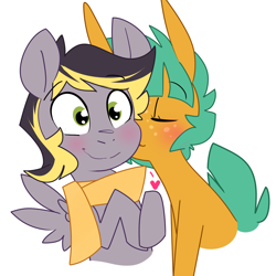 Size: 1280x1280 | Tagged: safe, artist:kryptchild, snails, oc, oc:aero, pegasus, pony, aeroshell, canon x oc, clothes, colt, cute, gay, glitter shell, heart, hug, kiss on the cheek, kissing, male, offspring, offspring shipping, parent:derpy hooves, parent:oc:warden, parents:canon x oc, parents:warderp, scarf, shipping, simple background, smiling, white background