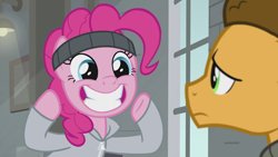 Size: 1920x1080 | Tagged: safe, screencap, cheese sandwich, pinkie pie, pony, the last laugh, cute, diapinkes, grin, smiling, sweatband, sweatshirt, toothy grin