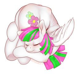 Size: 1848x1779 | Tagged: safe, artist:pepperoach, blossomforth, pony, backbend, contortionist, cuddling, cute, female, flexible, mare, signature, simple background, snuggling, solo, that pony sure is flexible, white background