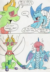Size: 750x1076 | Tagged: safe, artist:kuroneko, derpibooru exclusive, princess ember, thorax, changedling, changeling, dragon, :o, bait and switch, blushing, blushing profusely, changeling king, colored pencil drawing, dragoness, ear blush, embarrassed, embrax, eye contact, female, floppy ears, grin, holding hands, holding hooves, interspecies, king thorax, lewd, lidded eyes, looking at each other, male, open mouth, please be gentle, red face, shipping, simple background, sitting, smiling, speech bubble, spread wings, steam, straight, text, traditional art, white background, wingboner, wings