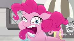 Size: 1920x1080 | Tagged: safe, screencap, fluttershy, pinkie pie, earth pony, pegasus, pony, rainbow roadtrip, bloodshot eyes, crazy face, discovery family logo, drool, evil eye, faic, female, hope hollow, horrifying, mare, teeth, terrorize, tongue out