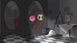 Size: 1699x956 | Tagged: safe, screencap, fluttershy, pinkie pie, earth pony, pegasus, pony, rainbow roadtrip, bucket, discovery family logo, door, duo, female, hope hollow, mare, mop, table, tablecloth, window