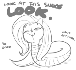 Size: 407x378 | Tagged: safe, artist:shoutingisfun, fluttershy, original species, snake, snake pony, c:, cute, eyes closed, female, fluttersnake, mare, shyabetes, simple background, sketch, smiling, snek, solo, species swap, white background