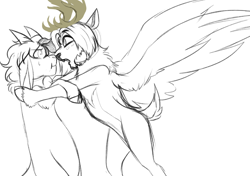 Size: 2150x1512 | Tagged: safe, artist:theecchiqueen, oc, oc only, oc:caffeinated comatose, oc:ecchi hearts, deer, deer pony, goat, hybrid, original species, pegasus, peryton, pony, antlers, female, looking at each other, male, monochrome, simple background, sketch, spread wings, stallion, white background, wings