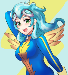 Size: 800x889 | Tagged: safe, artist:tzc, misty fly, human, anime, arm behind head, blushing, clothes, commission, cute, female, goggles, humanized, looking at you, open mouth, solo, uniform, winged humanization, wings, wonderbolts, wonderbolts uniform