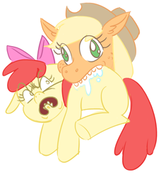 Size: 1280x1362 | Tagged: safe, artist:zaphy1415926, apple bloom, applejack, earth pony, pony, angry, apple, blank flank, cannibalism, derp, duo, female, filly, mare, mouth hold, not salmon, open mouth, salivating, silly, silly pony, simple background, teeth, that pony sure does love apples, wat, who's a silly pony, wtf