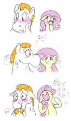 Size: 1433x2444 | Tagged: dead source, safe, artist:frankilew, bulk biceps, fluttershy, pegasus, pony, accidental kiss, blushing, bust, cheering, comic, cute, ear piercing, earring, female, floppy ears, flutterbulk, frown, grin, happy, jewelry, kissing, male, nervous, open mouth, piercing, role reversal, shipping, shy, smiling, straight, sweat, traditional art, wide eyes, yay, yeah