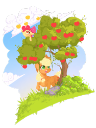 Size: 1067x1420 | Tagged: safe, artist:rossignolet, apple bloom, applejack, earth pony, pony, apple, apple tree, bow, cowboy hat, cute, female, filly, food, hair bow, hat, mare, sisters, sky, tree