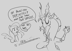 Size: 983x701 | Tagged: safe, artist:goodmode, discord, fluttershy, pegasus, pony, blatant lies, cheating, chess, dialogue, grayscale, monochrome