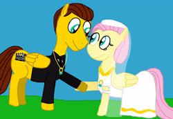 Size: 3288x2260 | Tagged: safe, artist:sb1991, derpibooru exclusive, fluttershy, oc, oc:film reel, pegasus, pony, canon x oc, clothes, dress, happy birthday mlp:fim, married, married couple, mlp fim's ninth anniversary, ring, wedding dress, wedding ring, wedding veil