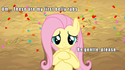 Size: 1280x720 | Tagged: safe, edit, edited screencap, screencap, fluttershy, pegasus, pony, the last roundup, bellyrubs, caption, female, hooves to the chest, image macro, lying down, on back, solo, text, worried