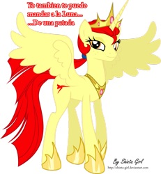 Size: 859x931 | Tagged: safe, artist:shinta-girl, oc, oc only, oc:taekwon magic, alicorn, pony, alicorn oc, princess, solo, spanish, translated in the comments