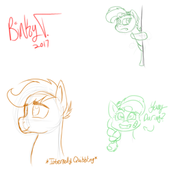 Size: 2750x2750 | Tagged: safe, artist:binkyt11, derpibooru exclusive, daring do, quibble pants, earth pony, pegasus, pony, 2017, female, filly, male, simple background, sketch, sketch dump, solo, stallion, thousand yard stare, white background, wip
