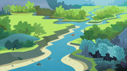 Size: 2880x1617 | Tagged: safe, screencap, apple bloom, applejack, big macintosh, granny smith, pinkie pie, earth pony, pony, pinkie apple pie, apple family, raft, river, scenery, tree