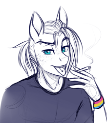 Size: 2367x2702 | Tagged: safe, artist:askbubblelee, oc, oc only, oc:singe, anthro, anthro oc, cigarette, clothes, freckles, male, pansexual, piercing, rebel, shirt, simple background, sketch, solo, stallion, teenager, tongue out, tongue piercing, white background