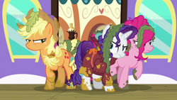 Size: 1280x720 | Tagged: safe, screencap, applejack, pinkie pie, rarity, earth pony, pony, unicorn, ppov, applejack's hat, clothes, coat, cowboy hat, hat, seaweed, stetson, train, window