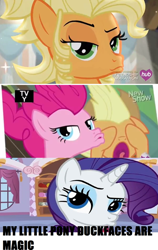 Size: 500x793 | Tagged: safe, screencap, applejack, pinkie pie, rarity, earth pony, pony, unicorn, pinkie apple pie, simple ways, suited for success, duckface, silly face, text