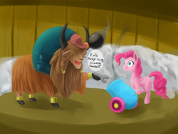 Size: 1600x1200 | Tagged: safe, artist:usager, pinkie pie, oc, oc:jack, earth pony, pony, yak, cannonball, cloven hooves, duo, female, male, mare, party cannon, wrench