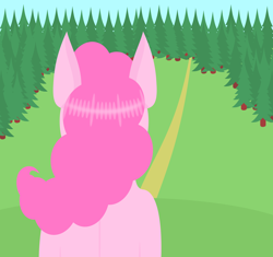 Size: 3000x2819 | Tagged: safe, artist:alltimemine, pinkie pie, earth pony, pony, back, female, forest, inkscape, lineless, mare, pine tree, rear view, road, solo, tree, vector