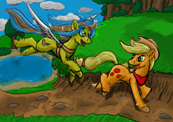 Size: 2912x2059 | Tagged: safe, artist:lizardwithhat, applejack, oc, oc:sky diver, earth pony, pegasus, pony, amputee, applejack's hat, augmented, bandana, blonde, blue hair, cowboy hat, cute, detailed background, duo, duo female, female, grass, green eyes, happy, hat, lake, mare, orange coat, prosthetic limb, prosthetic wing, prosthetics, road, running, unshorn fetlocks, yellow coat