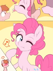 Size: 1536x2048 | Tagged: safe, artist:akainu_pony, pinkie pie, oc, earth pony, pony, blushing, comic, female, food, frosting, licking, mare, music notes, one eye closed, tongue out