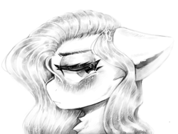 Size: 2500x1891 | Tagged: safe, artist:dino_horse, fluttershy, pegasus, pony, blushing, bust, chest fluff, crying, female, floppy ears, lidded eyes, looking away, looking sideways, mare, monochrome, portrait, sad, solo, stray strand, teary eyes