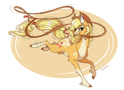 Size: 2578x1886 | Tagged: safe, artist:marbola, applejack, earth pony, pony, appaloosa, chest fluff, cowboy hat, dappled, ear fluff, female, hat, mare, mouth hold, pale belly, redesign, rope, smiling, solo, unshorn fetlocks