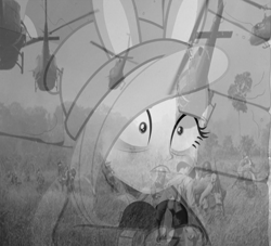 Size: 1188x1080 | Tagged: safe, edit, edited screencap, screencap, fluttershy, better together, equestria girls, holidays unwrapped, cropped, monochrome, ptsd, solo, vietnam, vietnam flashback, vietnam war