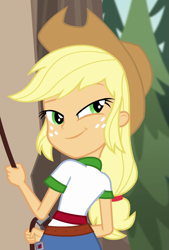 Size: 715x1056 | Tagged: safe, screencap, applejack, equestria girls, legend of everfree, cropped, smiling, smirk, smug, smugjack, solo