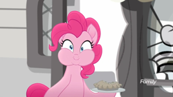 Size: 1366x768 | Tagged: safe, screencap, pinkie pie, earth pony, pony, rainbow roadtrip, desaturated, discovery family logo, food, grayscale, hope hollow, looking at you, monochrome, pie, puffy cheeks, solo