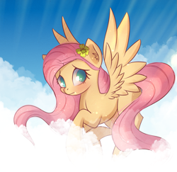 Size: 1805x1753 | Tagged: safe, artist:autumnvoyage, fluttershy, pegasus, pony, cloud, flower, flower in hair, flying, solo, spread wings, wings