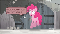 Size: 1366x768 | Tagged: safe, edit, edited screencap, screencap, pinkie pie, pony, rainbow roadtrip, angry, crazy rhubarb lady, desaturated, discovery family logo, eye open, fence, grayscale, monochrome, moody root, peep hole, speech bubble, surprised, swearing, tree, vulgar, wooden fence, yelling