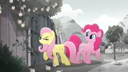 Size: 1366x768 | Tagged: safe, screencap, fluttershy, pinkie pie, pegasus, pony, rainbow roadtrip, apricot, desaturated, discovery family logo, door, fence, grayscale, monochrome, peep hole, peeping, tree, wooden fence, yard