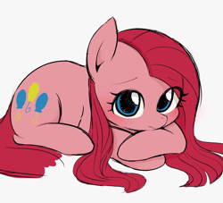 Size: 940x855 | Tagged: safe, artist:manachaaaaaaaa, pinkie pie, earth pony, pony, cute, cuteamena, diapinkes, eye clipping through hair, female, looking at you, mare, pinkamena diane pie, pixiv, prone, solo