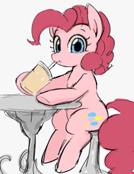 Size: 937x1216 | Tagged: safe, artist:manachaaaaaaaa, pinkie pie, earth pony, pony, cute, diapinkes, drinking, female, gray background, looking at you, mare, pixiv, seat, simple background, sitting, solo, straw, table