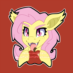 Size: 4000x4000 | Tagged: safe, artist:partylikeanartist, fluttershy, bat pony, pegasus, pony, apple, bat ponified, blushing, fangs, flutterbat, food, looking at you, obtrusive watermark, patreon, patreon reward, race swap, solo, sticker, tongue out, watermark, wingding eyes