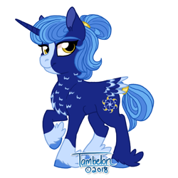 Size: 800x800 | Tagged: safe, artist:tambelon, oc, oc only, oc:lapis leyline, hybrid, pegasus, pony, unicorn, blaze (coat marking), dhampir, feathered fetlocks, female, hair up, mare, raised hoof, signature, simple background, socks (coat marking), solo, tail feathers, tail ring, unshorn fetlocks, white background