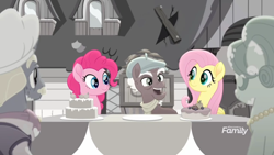 Size: 1366x768 | Tagged: safe, screencap, fluttershy, pinkie pie, earth pony, pegasus, pony, rainbow roadtrip, apricot, berries, broken, cake, crack, desaturated, discovery family logo, food, grayscale, happy, hoofingtons, mansion, monochrome, moody root, mr. hoofington, mrs. hoofington, plank, table, tablecloth