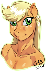 Size: 459x705 | Tagged: safe, artist:minipicaso, applejack, anthro, bust, implied nudity, signature, simple background, smiling, solo, white background