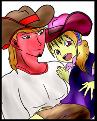 Size: 995x1246 | Tagged: safe, artist:foxgar, big macintosh, oc, equestria girls, carrying, cowboy hat, facial hair, father and child, father and daughter, female, goatee, hat, male, offspring, parent and child, parent:adagio dazzle, parent:big macintosh, parents:adagintosh, simple background, white background