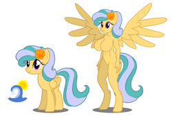 Size: 1513x1022 | Tagged: safe, artist:flash equestria photography, oc, oc only, oc:pacific breeze, anthro, pegasus, unguligrade anthro, anthro ponidox, barbie doll anatomy, belly button, big breasts, breasts, cutie mark, female, flower, flower in hair, reference sheet, show accurate anthro, simple background, spread wings, wings