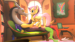Size: 1920x1080 | Tagged: safe, discord, fluttershy, draconequus, pegasus, pony, 3d, backlighting, duo, eye contact, female, fluttershy's cottage, fluttershy's cottage (interior), indoors, looking at each other, mare, revamped ponies, smiling, window