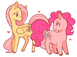 Size: 846x631 | Tagged: safe, artist:doekis, fluttershy, pinkie pie, earth pony, pegasus, pony, blushing, eye contact, female, flutterpie, folded wings, head turn, heart, lesbian, looking at each other, mare, outline, shipping, simple background, smiling, standing, transparent background, white outline, wings
