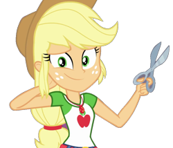 Size: 841x719 | Tagged: safe, artist:marcoequestrian98, edit, edited screencap, screencap, applejack, better together, diy with applejack, equestria girls, background removed, clothes, cowboy hat, female, freckles, hat, not a vector, scissors, simple background, solo, stetson, transparent background